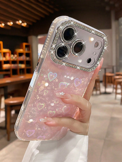 Luxury Sparkly Sequin Minimalist White Pearlescent Heart Pattern Premium Rhinestone Bright White Heart Acrylic Hard Phone Case Compatible With IPhone 17 Pro Max/17 Pro/17 Air/17/16 Pro Max/16/16 Pro/1
