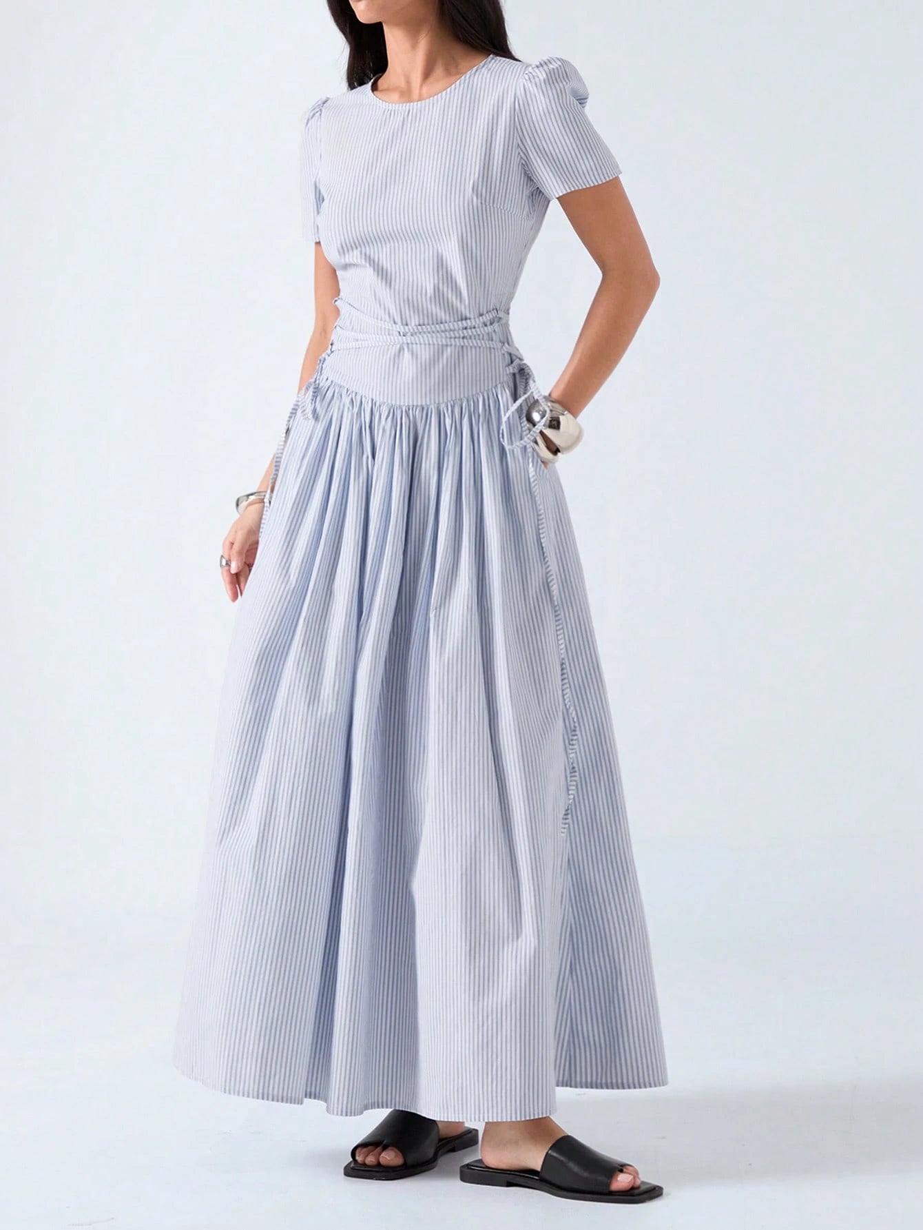 LYSMO 2026 New Arrive Minimalism Spring/Summer Women's Striped Round Neck Short Petal Sleeve Side Tie Waist Casual Dress,Summer Dresses For Women