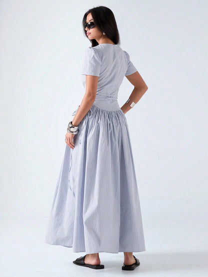 LYSMO 2026 New Arrive Minimalism Spring/Summer Women's Striped Round Neck Short Petal Sleeve Side Tie Waist Casual Dress,Summer Dresses For Women