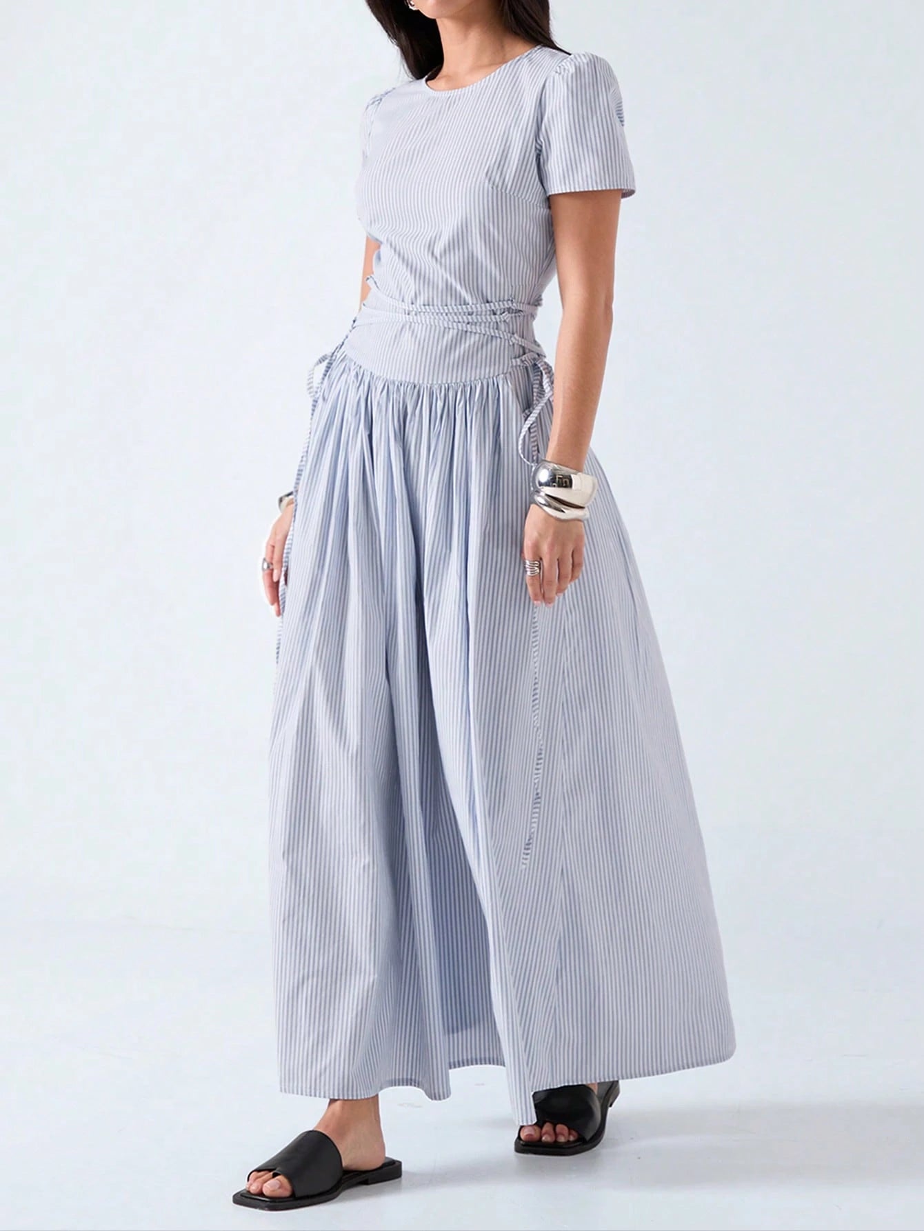LYSMO 2026 New Arrive Minimalism Spring/Summer Women's Striped Round Neck Short Petal Sleeve Side Tie Waist Casual Dress,Summer Dresses For Women