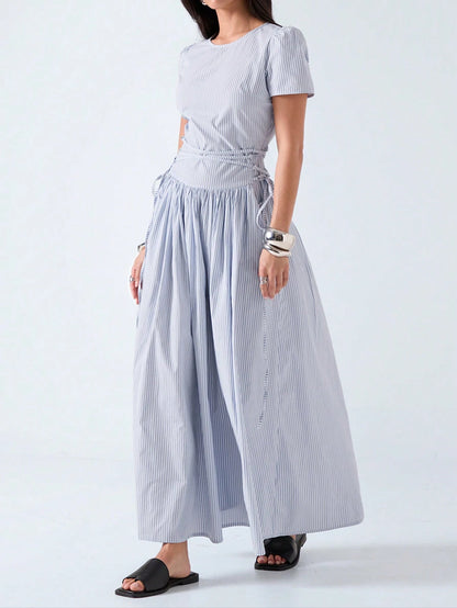 LYSMO 2026 New Arrive Minimalism Spring/Summer Women's Striped Round Neck Short Petal Sleeve Side Tie Waist Casual Dress,Summer Dresses For Women