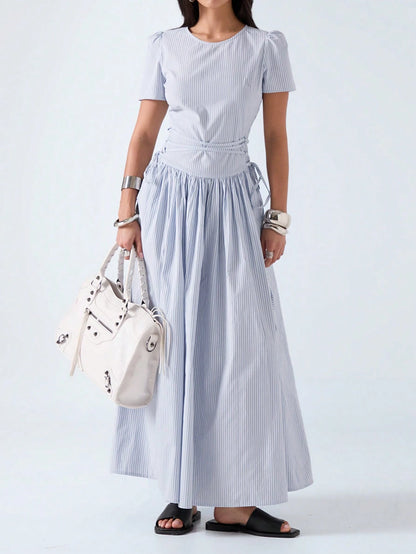 LYSMO 2026 New Arrive Minimalism Spring/Summer Women's Striped Round Neck Short Petal Sleeve Side Tie Waist Casual Dress,Summer Dresses For Women
