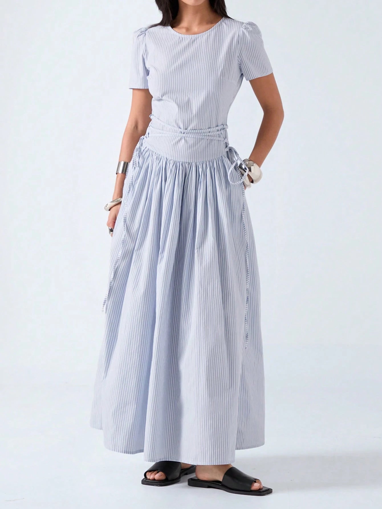 LYSMO 2026 New Arrive Minimalism Spring/Summer Women's Striped Round Neck Short Petal Sleeve Side Tie Waist Casual Dress,Summer Dresses For Women