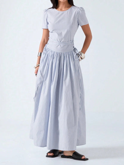 LYSMO 2026 New Arrive Minimalism Spring/Summer Women's Striped Round Neck Short Petal Sleeve Side Tie Waist Casual Dress,Summer Dresses For Women