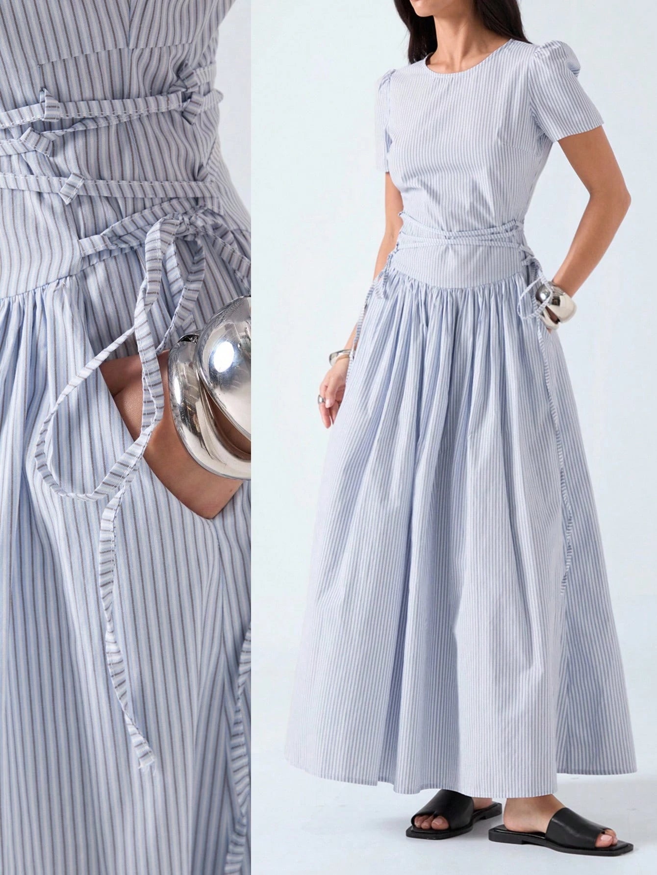 LYSMO 2026 New Arrive Minimalism Spring/Summer Women's Striped Round Neck Short Petal Sleeve Side Tie Waist Casual Dress,Summer Dresses For Women