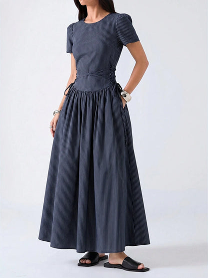 LYSMO 2026 New Arrive Minimalism Spring/Summer Women's Striped Round Neck Short Petal Sleeve Side Tie Waist Casual Dress,Summer Dresses For Women