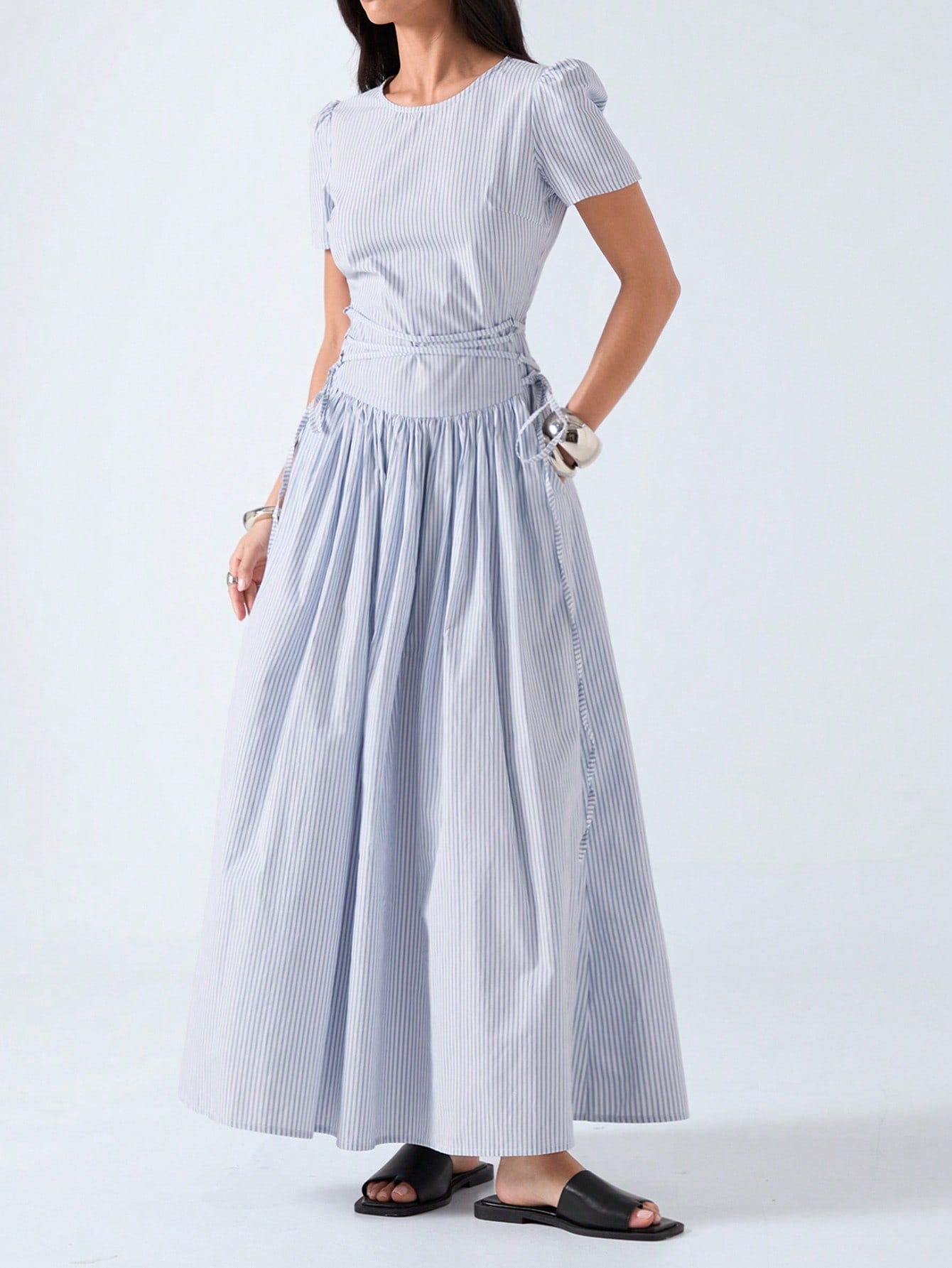 LYSMO 2026 New Arrive Minimalism Spring/Summer Women's Striped Round Neck Short Petal Sleeve Side Tie Waist Casual Dress,Summer Dresses For Women
