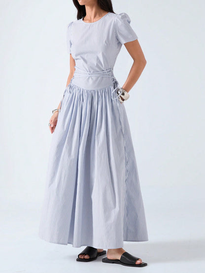 LYSMO 2026 New Arrive Minimalism Spring/Summer Women's Striped Round Neck Short Petal Sleeve Side Tie Waist Casual Dress,Summer Dresses For Women