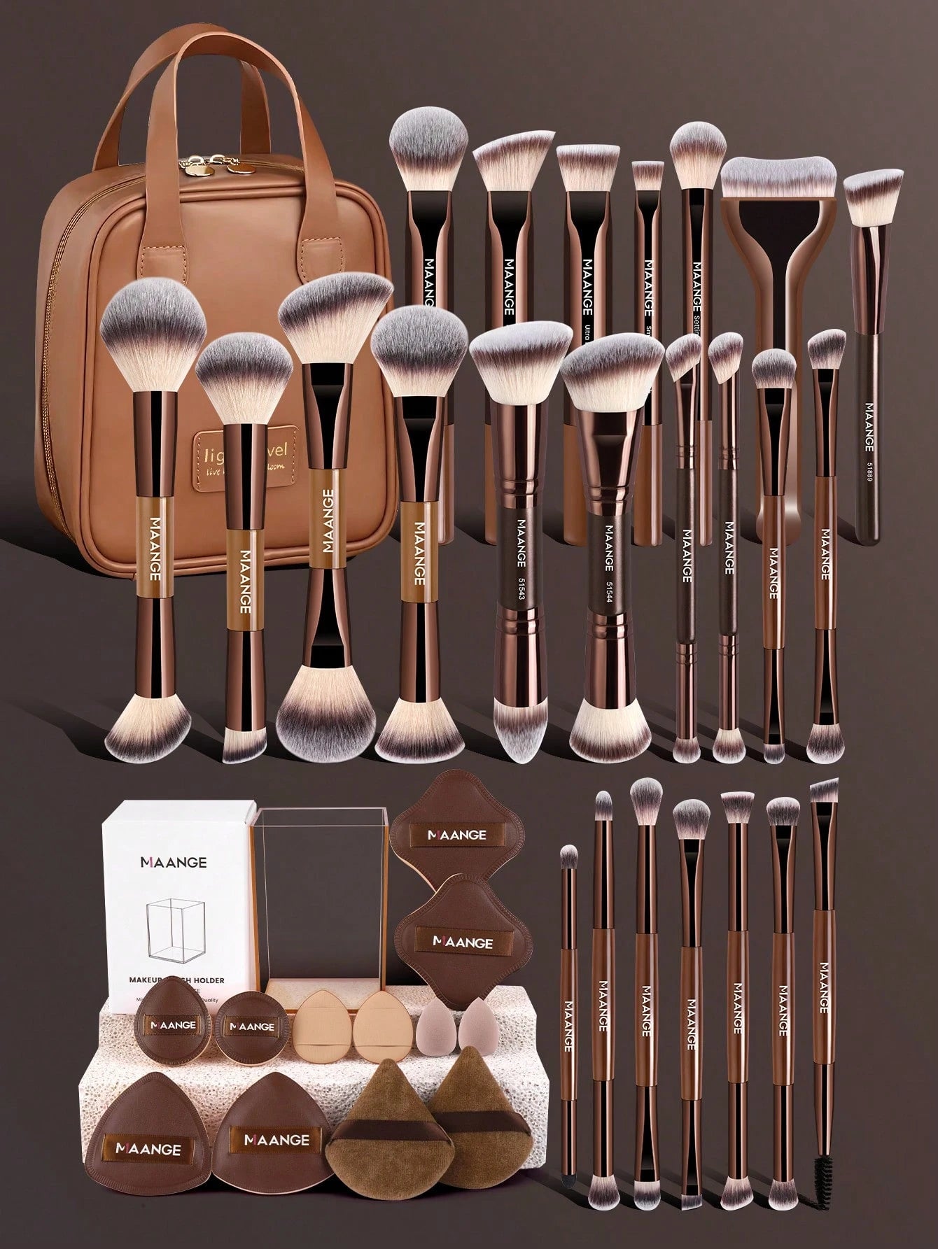 MAANGE 6/7/14/22/27/38pcs Set Durable Aluminum Tube Makeup Brush Set, Includes 21 Dual-Ended Makeup Brushes + 1 Storage Bag, Including Foundation Brush, Powder Brush, Blush Brush, Concealer Brush, Con