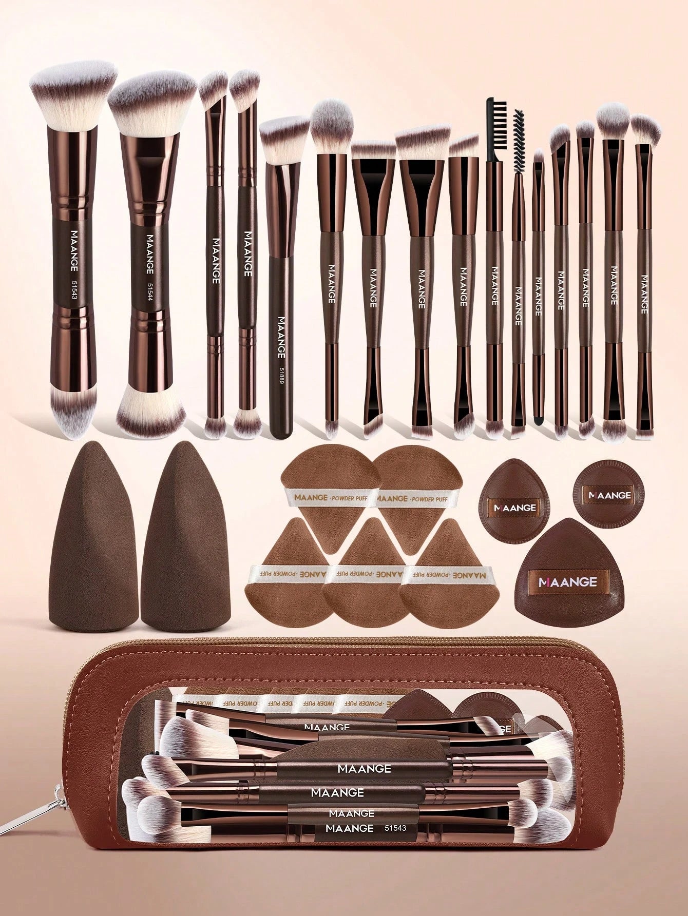 MAANGE 6/7/14/22/27/38pcs Set Durable Aluminum Tube Makeup Brush Set, Includes 21 Dual-Ended Makeup Brushes + 1 Storage Bag, Including Foundation Brush, Powder Brush, Blush Brush, Concealer Brush, Con