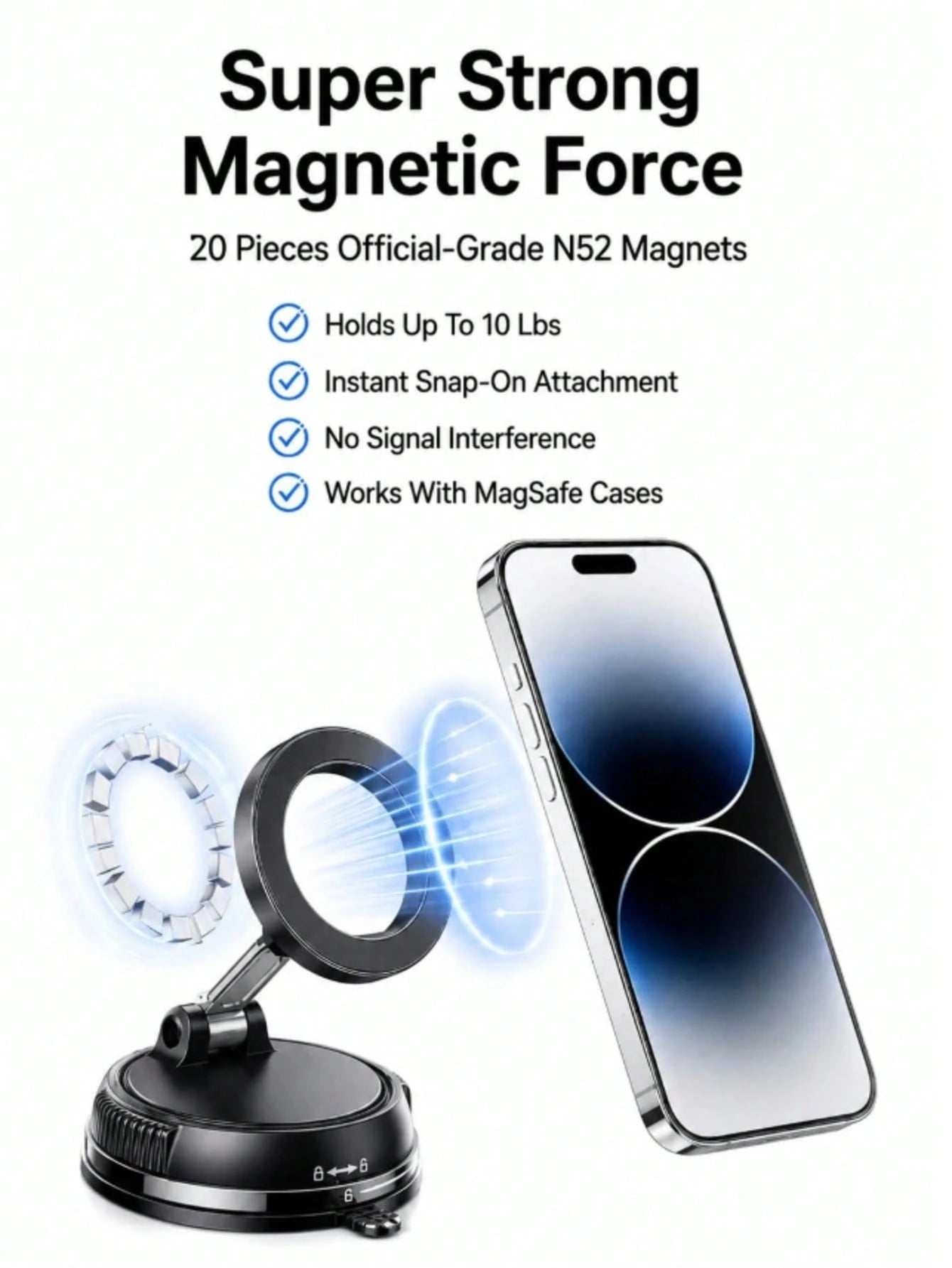 Magnetic Car Phone Holder, Alloy Material, 360° Foldable Design, Strong Suction Cup And Reusable Gel, Suitable For All Car Models