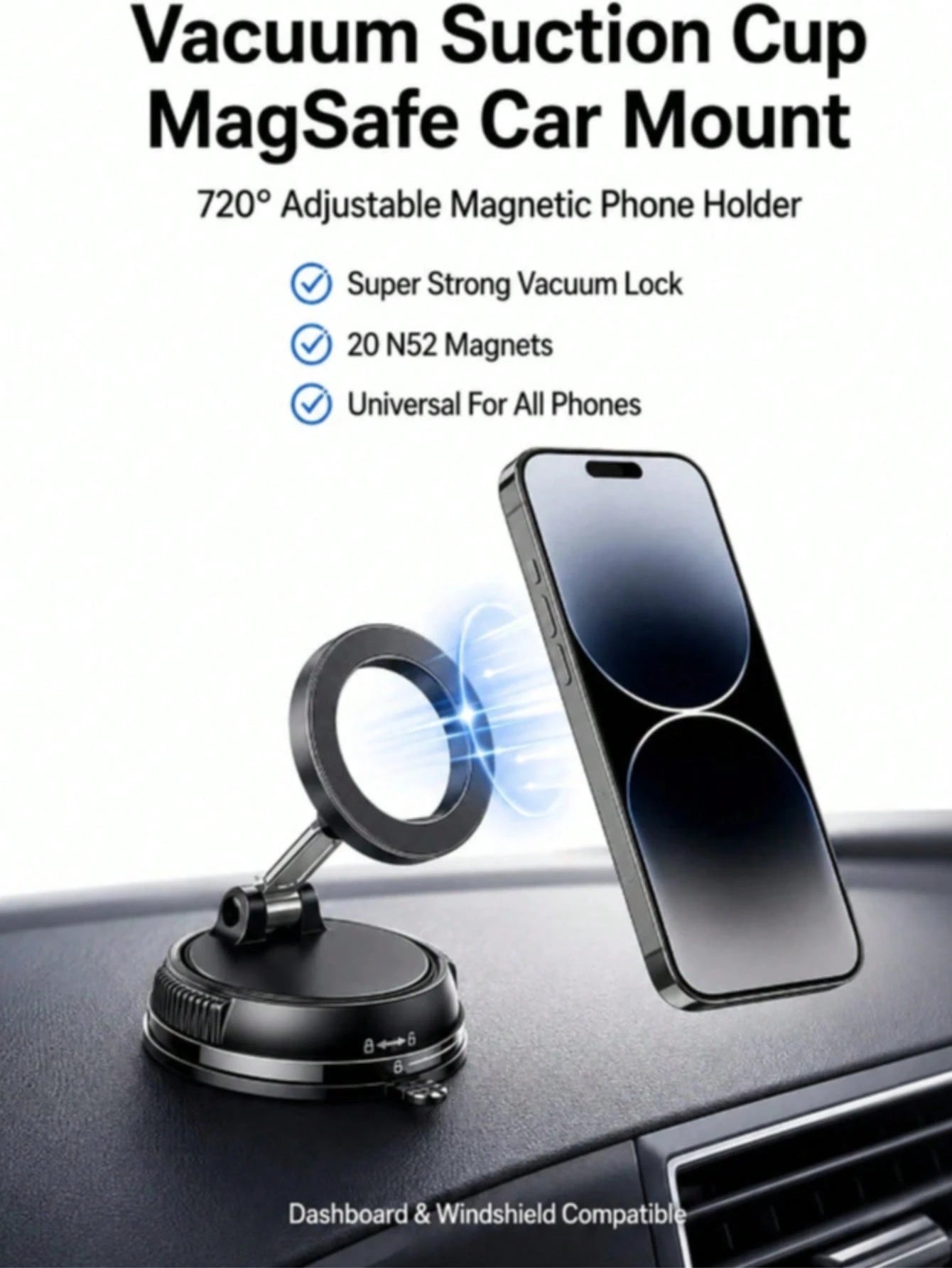 Magnetic Car Phone Holder, Alloy Material, 360° Foldable Design, Strong Suction Cup And Reusable Gel, Suitable For All Car Models