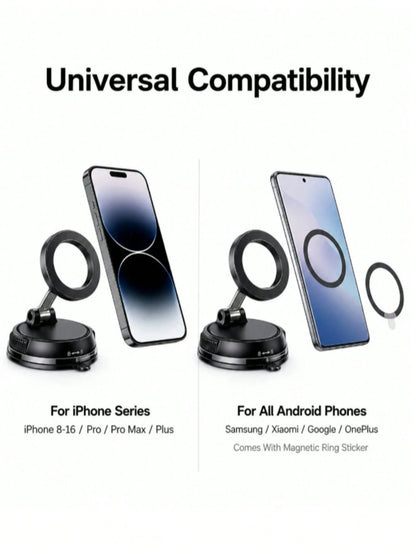 Magnetic Car Phone Holder, Alloy Material, 360° Foldable Design, Strong Suction Cup And Reusable Gel, Suitable For All Car Models