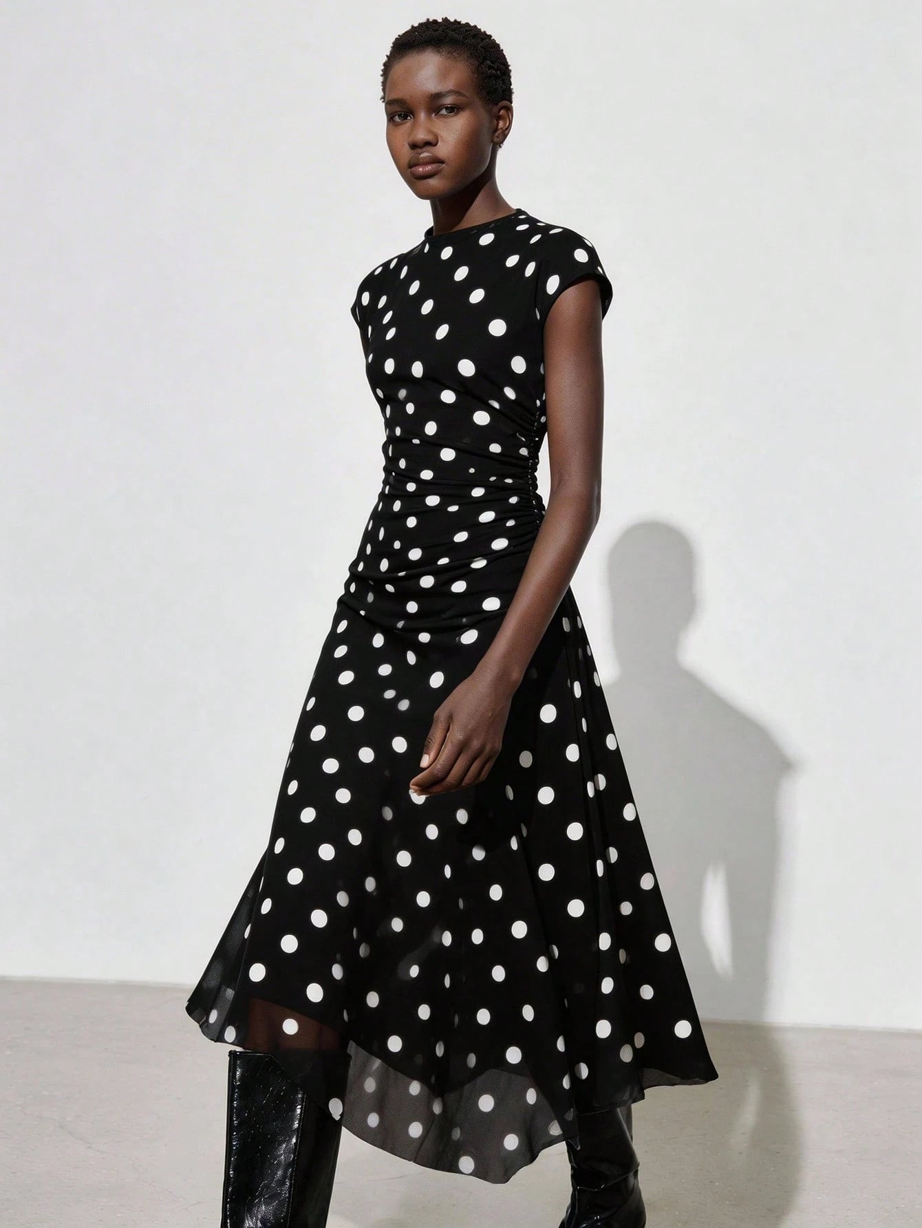 Maija Women's Black White Polka Dot Semi Sheer Flared Hem Midi Dress Round Neck Short Sleeve A Line Summer Vintage Tea Party Casual Autumn