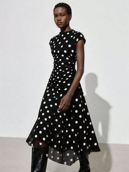 Maija Women's Black White Polka Dot Semi Sheer Flared Hem Midi Dress Round Neck Short Sleeve A Line Summer Vintage Tea Party Casual Autumn