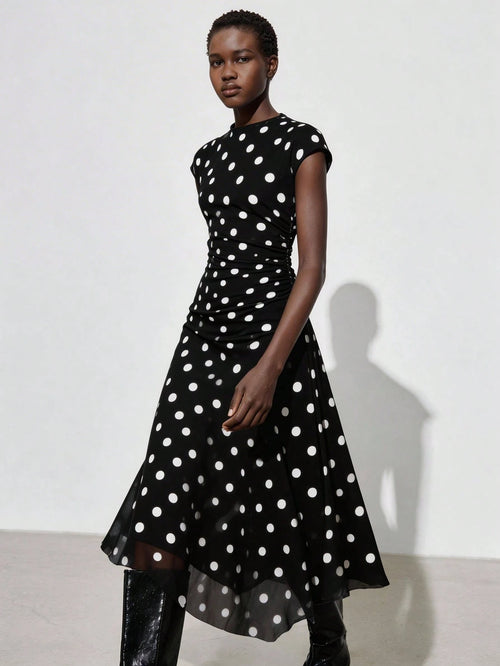 Maija Women's Black White Polka Dot Semi Sheer Flared Hem Midi Dress Round Neck Short Sleeve A Line Summer Vintage Tea Party Casual Autumn