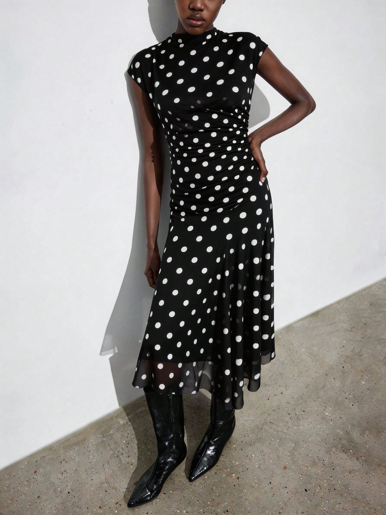Maija Women's Black White Polka Dot Semi Sheer Flared Hem Midi Dress Round Neck Short Sleeve A Line Summer Vintage Tea Party Casual Autumn