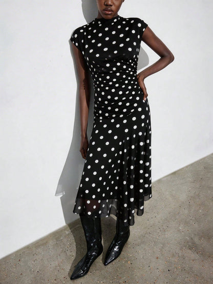 Maija Women's Black White Polka Dot Semi Sheer Flared Hem Midi Dress Round Neck Short Sleeve A Line Summer Vintage Tea Party Casual Autumn