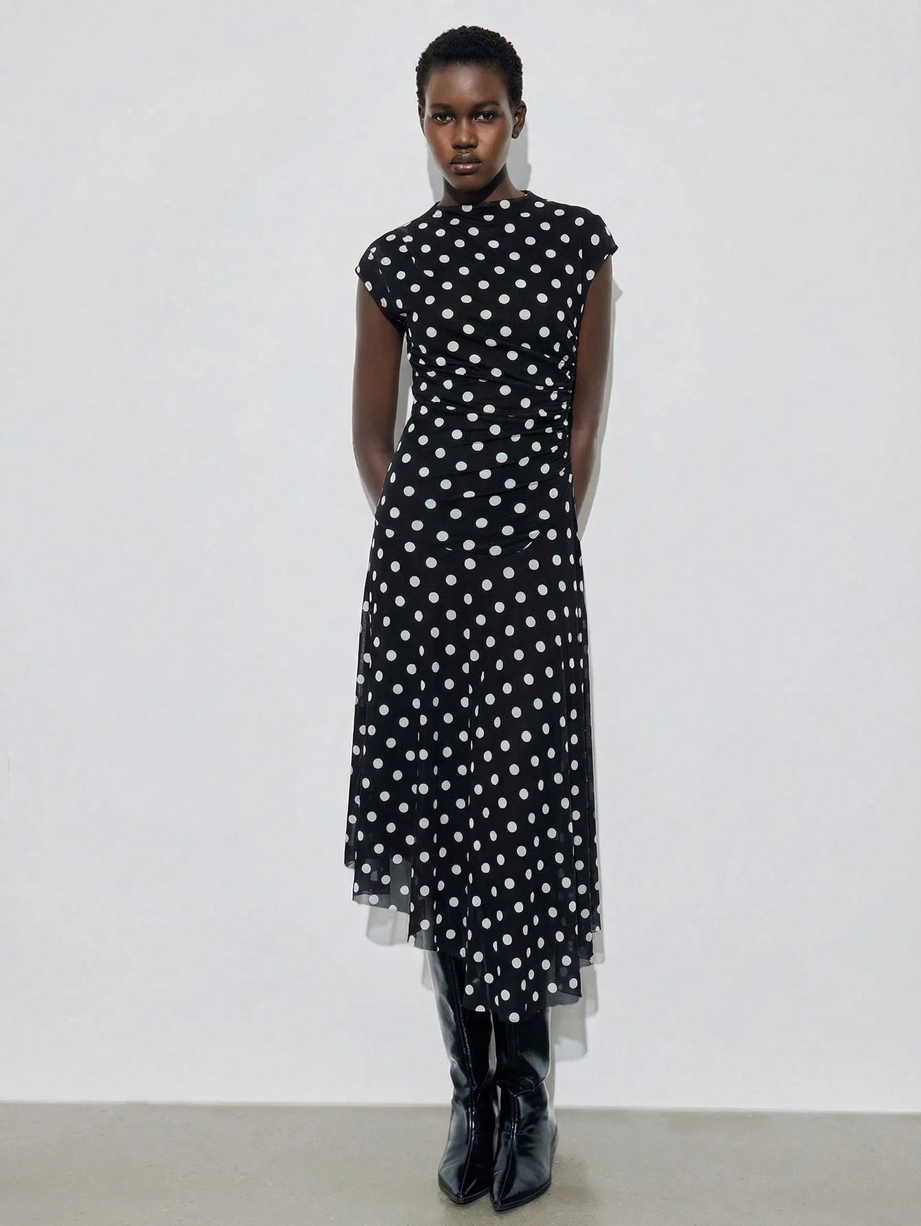 Maija Women's Black White Polka Dot Semi Sheer Flared Hem Midi Dress Round Neck Short Sleeve A Line Summer Vintage Tea Party Casual Autumn