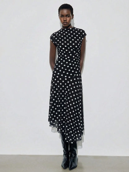 Maija Women's Black White Polka Dot Semi Sheer Flared Hem Midi Dress Round Neck Short Sleeve A Line Summer Vintage Tea Party Casual Autumn