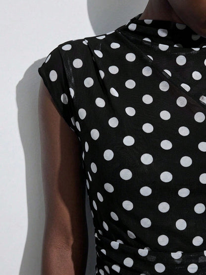 Maija Women's Black White Polka Dot Semi Sheer Flared Hem Midi Dress Round Neck Short Sleeve A Line Summer Vintage Tea Party Casual Autumn