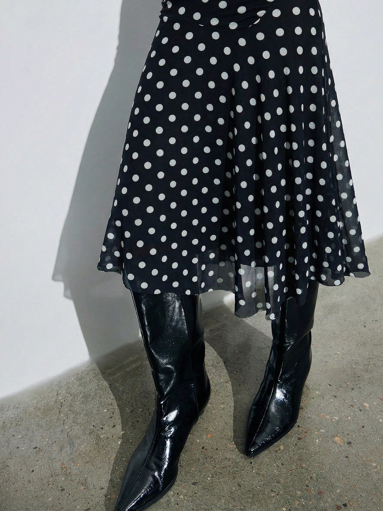 Maija Women's Black White Polka Dot Semi Sheer Flared Hem Midi Dress Round Neck Short Sleeve A Line Summer Vintage Tea Party Casual Autumn