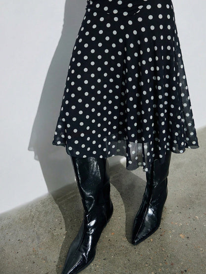 Maija Women's Black White Polka Dot Semi Sheer Flared Hem Midi Dress Round Neck Short Sleeve A Line Summer Vintage Tea Party Casual Autumn