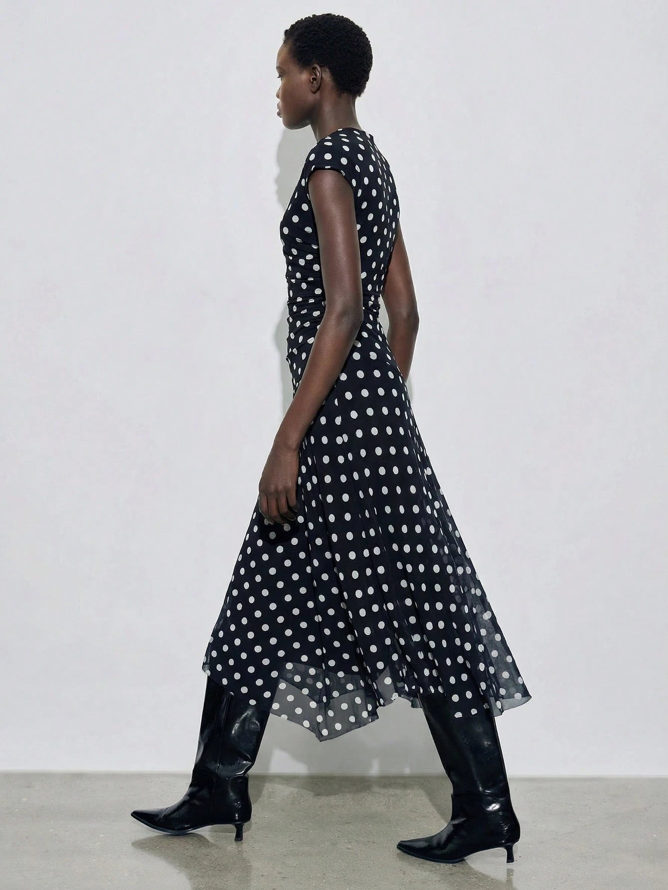 Maija Women's Black White Polka Dot Semi Sheer Flared Hem Midi Dress Round Neck Short Sleeve A Line Summer Vintage Tea Party Casual Autumn