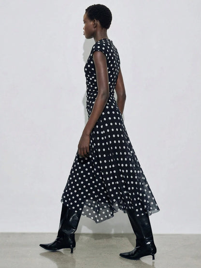 Maija Women's Black White Polka Dot Semi Sheer Flared Hem Midi Dress Round Neck Short Sleeve A Line Summer Vintage Tea Party Casual Autumn