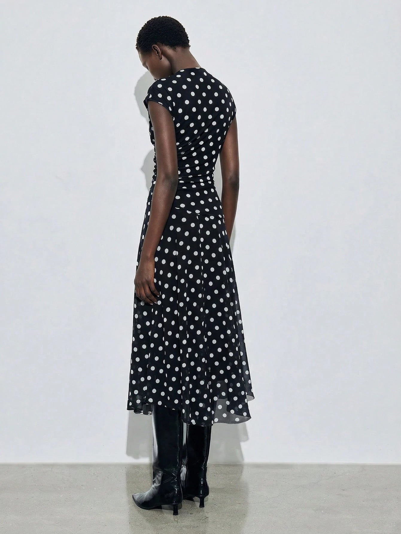 Maija Women's Black White Polka Dot Semi Sheer Flared Hem Midi Dress Round Neck Short Sleeve A Line Summer Vintage Tea Party Casual Autumn
