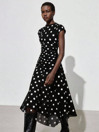 Maija Women's Black White Polka Dot Semi Sheer Flared Hem Midi Dress Round Neck Short Sleeve A Line Summer Vintage Tea Party Casual Autumn