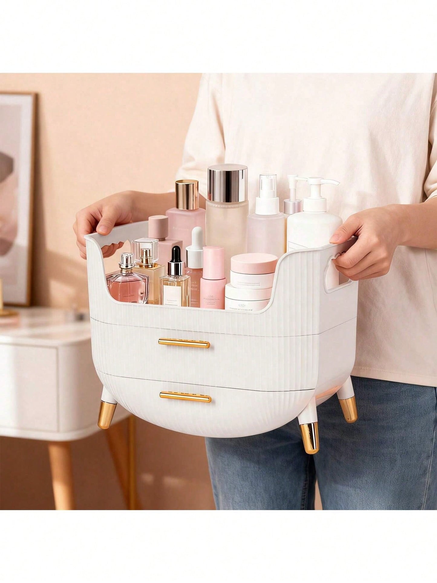 Makeup Organizer With Drawers,Skincare Plastic Storage For Vanity,Large Cosmetic Display Case For Dresser With Handle,Large Capacity Bathroom Countertop