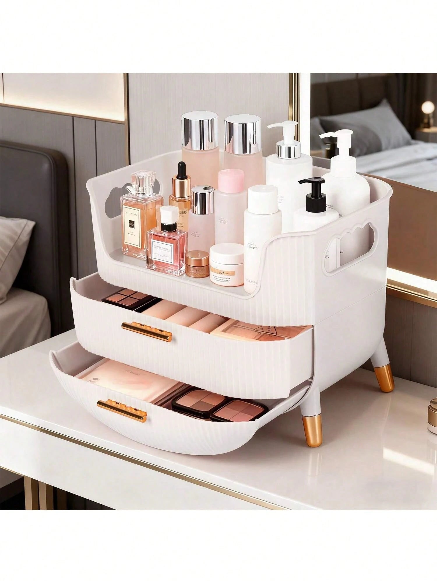 Makeup Organizer With Drawers,Skincare Plastic Storage For Vanity,Large Cosmetic Display Case For Dresser With Handle,Large Capacity Bathroom Countertop
