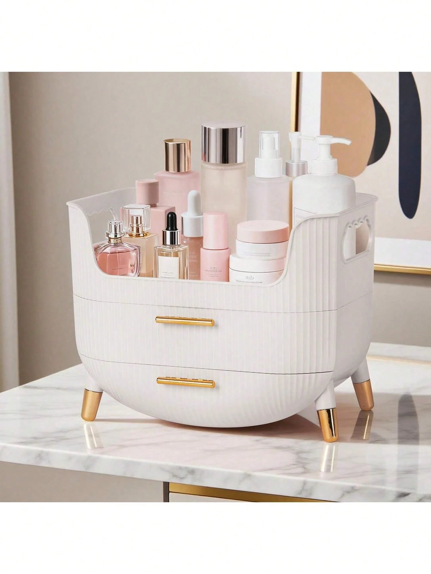 Makeup Organizer With Drawers,Skincare Plastic Storage For Vanity,Large Cosmetic Display Case For Dresser With Handle,Large Capacity Bathroom Countertop