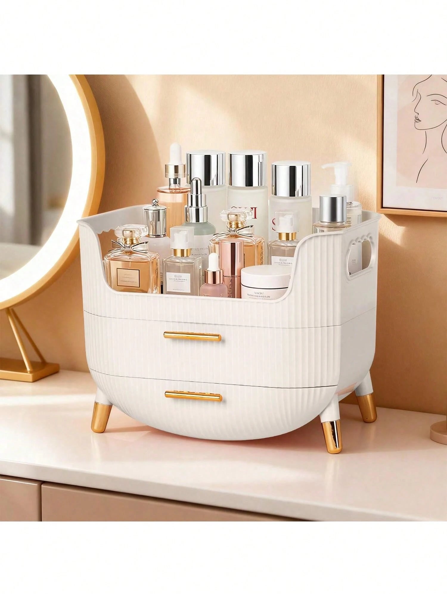 Makeup Organizer With Drawers,Skincare Plastic Storage For Vanity,Large Cosmetic Display Case For Dresser With Handle,Large Capacity Bathroom Countertop