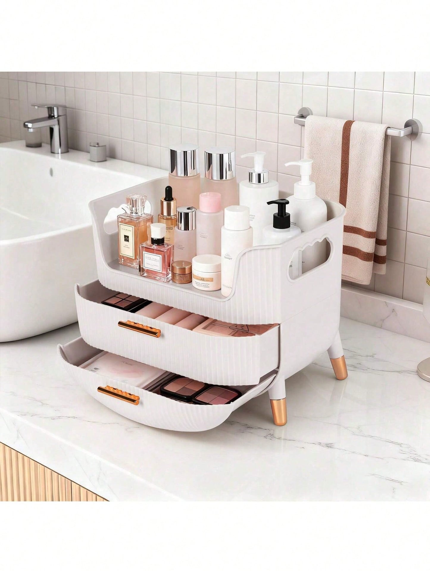 Makeup Organizer With Drawers,Skincare Plastic Storage For Vanity,Large Cosmetic Display Case For Dresser With Handle,Large Capacity Bathroom Countertop