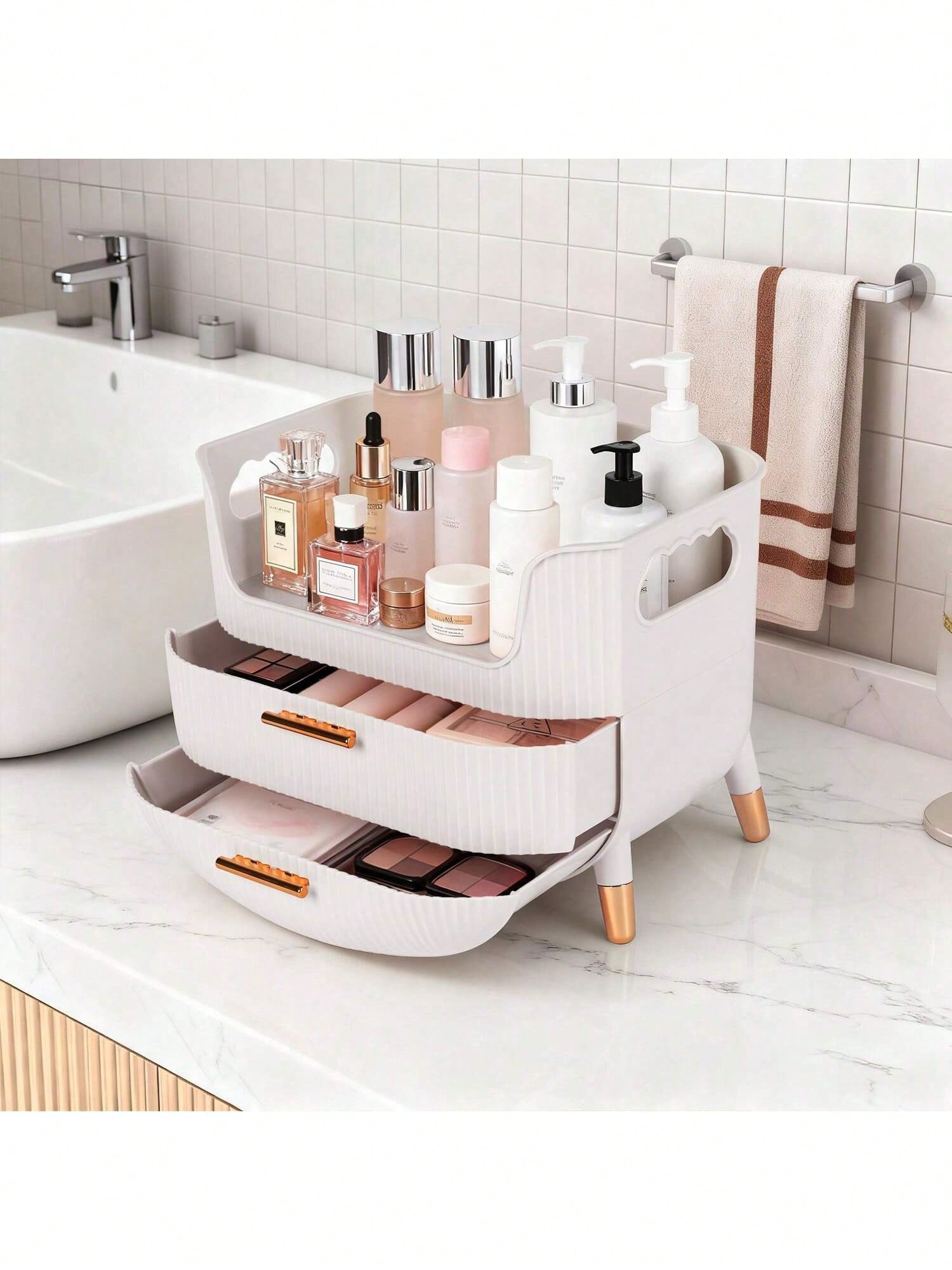 Makeup Organizer With Drawers,Skincare Plastic Storage For Vanity,Large Cosmetic Display Case For Dresser With Handle,Large Capacity Bathroom Countertop