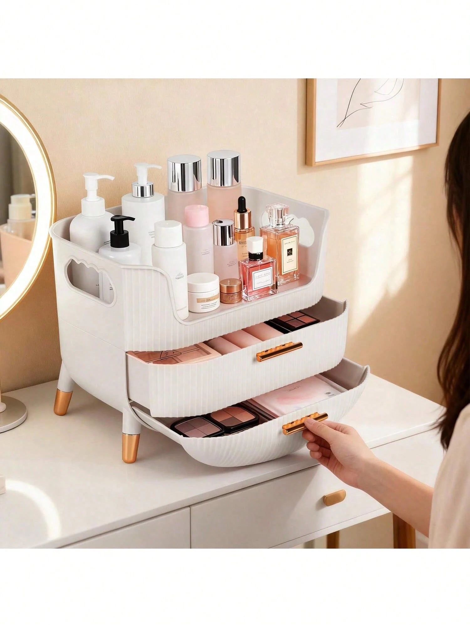 Makeup Organizer With Drawers,Skincare Plastic Storage For Vanity,Large Cosmetic Display Case For Dresser With Handle,Large Capacity Bathroom Countertop