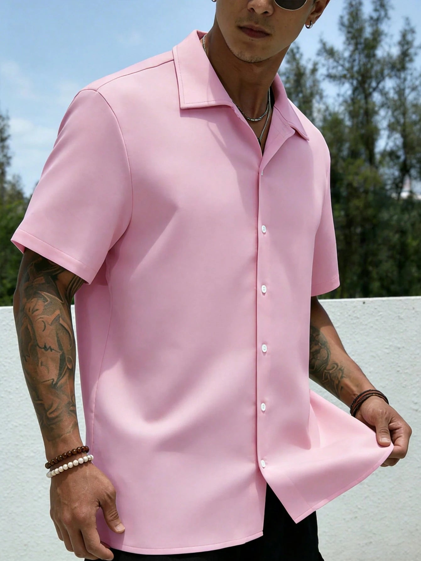 Manfinity Dauomo Men's Solid Color Front Button Casual Daily Short Sleeve Shirt