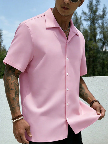 Manfinity Dauomo Men's Solid Color Front Button Casual Daily Short Sleeve Shirt
