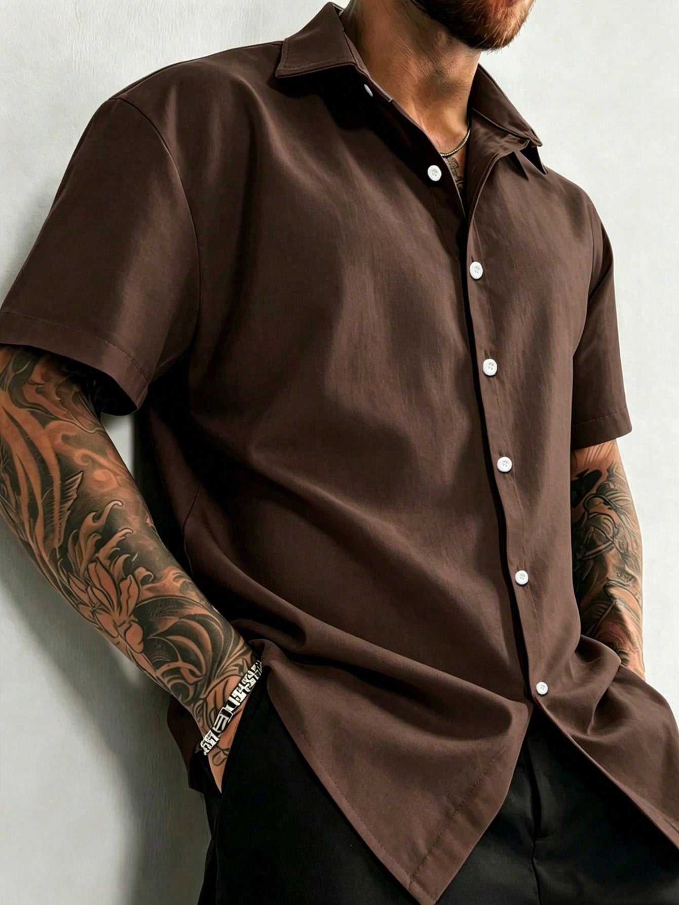 Manfinity Dauomo Men's Solid Color Front Button Casual Daily Short Sleeve Shirt