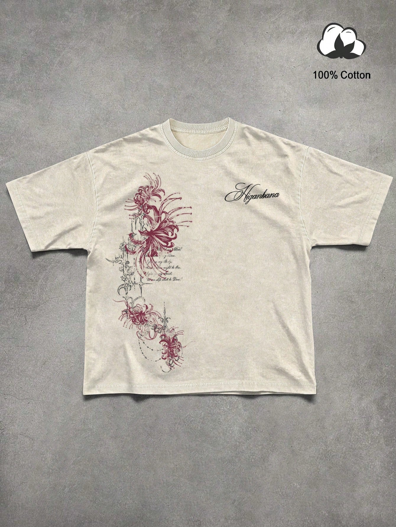 Manfinity EMRG Men's Vintage Streetwear Black Short Sleeve T-Shirt,Dark Red Floral Vine Print Gothic Casual Tee,Distressed Botanical Top,Beige,Summer,City Break
