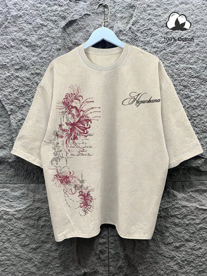 Manfinity EMRG Men's Vintage Streetwear Black Short Sleeve T-Shirt,Dark Red Floral Vine Print Gothic Casual Tee,Distressed Botanical Top,Beige,Summer,City Break
