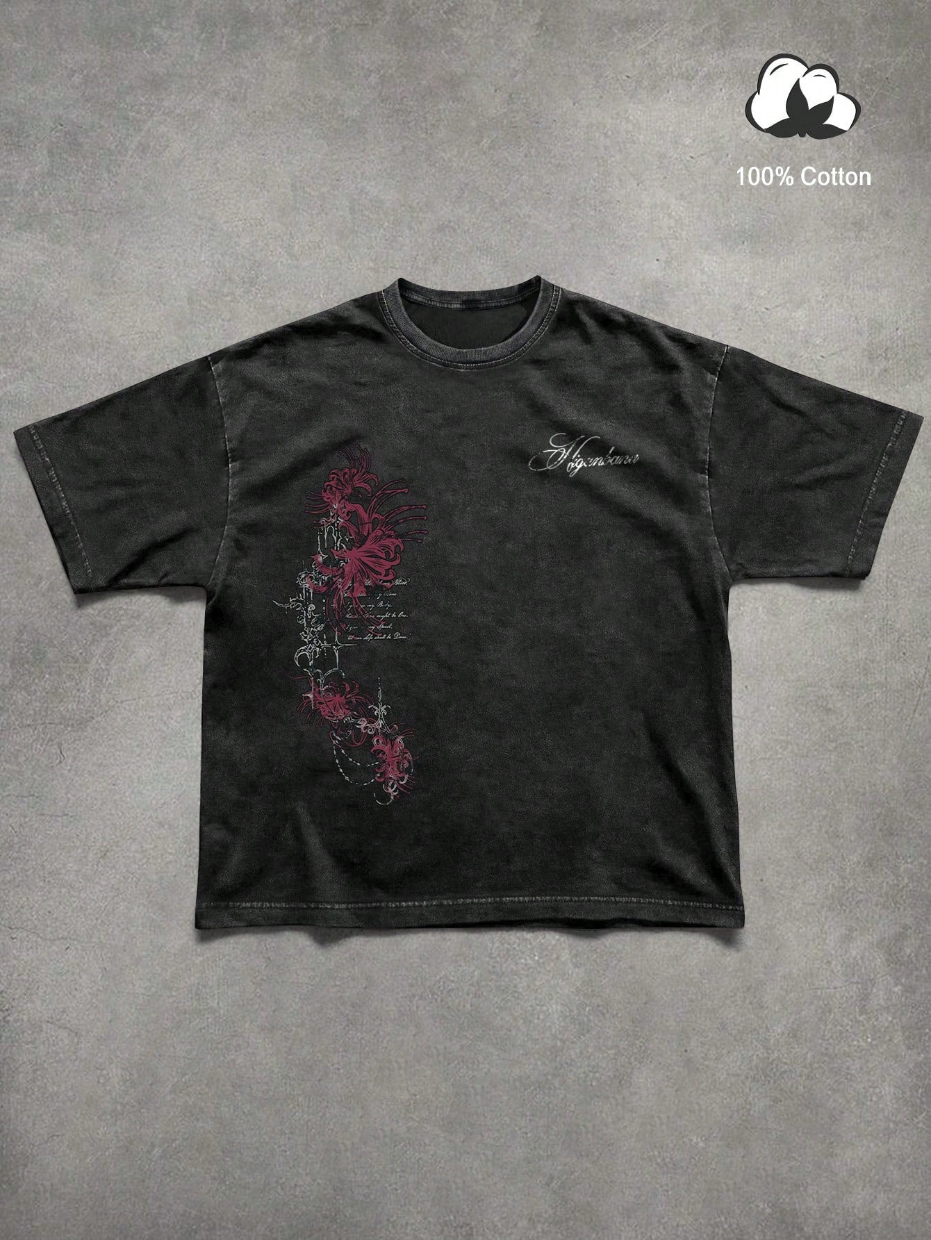 Manfinity EMRG Men's Vintage Streetwear Black Short Sleeve T-Shirt,Dark Red Floral Vine Print Gothic Casual Tee,Distressed Botanical Top,Beige,Summer,City Break