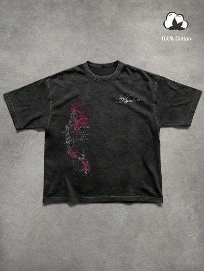 Manfinity EMRG Men's Vintage Streetwear Black Short Sleeve T-Shirt,Dark Red Floral Vine Print Gothic Casual Tee,Distressed Botanical Top,Beige,Summer,City Break
