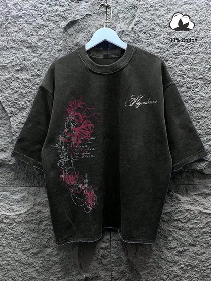 Manfinity EMRG Men's Vintage Streetwear Black Short Sleeve T-Shirt,Dark Red Floral Vine Print Gothic Casual Tee,Distressed Botanical Top,Beige,Summer,City Break