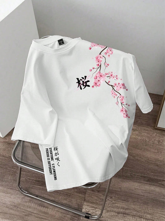 Manfinity Joysei Men's Summer White Floral Oversized T-Shirt,Japanese Sakura Cherry Blossom Branch Graphic Print Kanji Letter Crew Neck Short Sleeve City Break Tee
