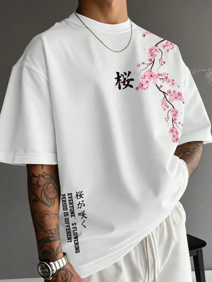 Manfinity Joysei Men's Summer White Floral Oversized T-Shirt,Japanese Sakura Cherry Blossom Branch Graphic Print Kanji Letter Crew Neck Short Sleeve City Break Tee