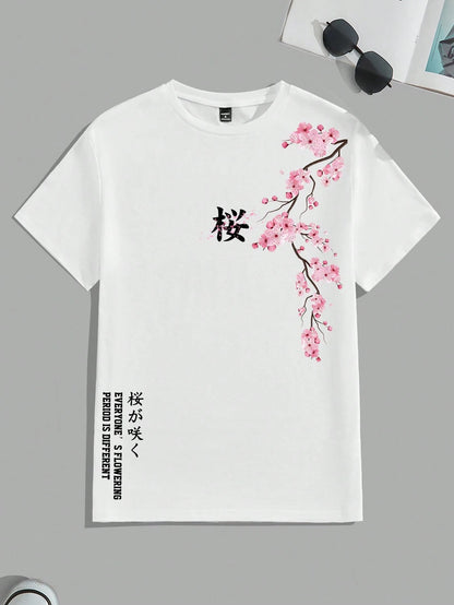 Manfinity Joysei Men's Summer White Floral Oversized T-Shirt,Japanese Sakura Cherry Blossom Branch Graphic Print Kanji Letter Crew Neck Short Sleeve City Break Tee