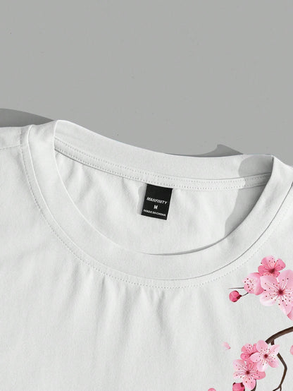 Manfinity Joysei Men's Summer White Floral Oversized T-Shirt,Japanese Sakura Cherry Blossom Branch Graphic Print Kanji Letter Crew Neck Short Sleeve City Break Tee